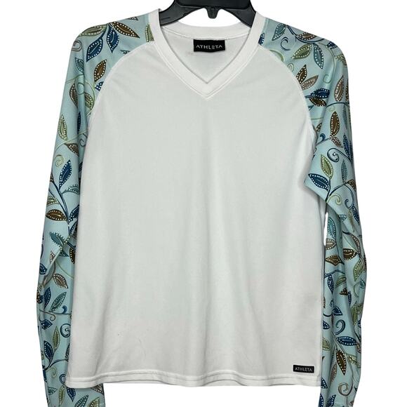 Athleta White V Neck Long Sleeve with Floral Print Sleeves Medium - Picture 1 of 6